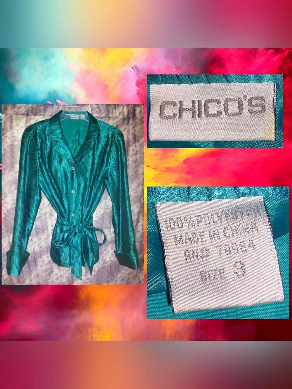Chico's 3Pc Set Teal Green Knit Cami & Pleated Button Front Shacket w/Belt Sz XL